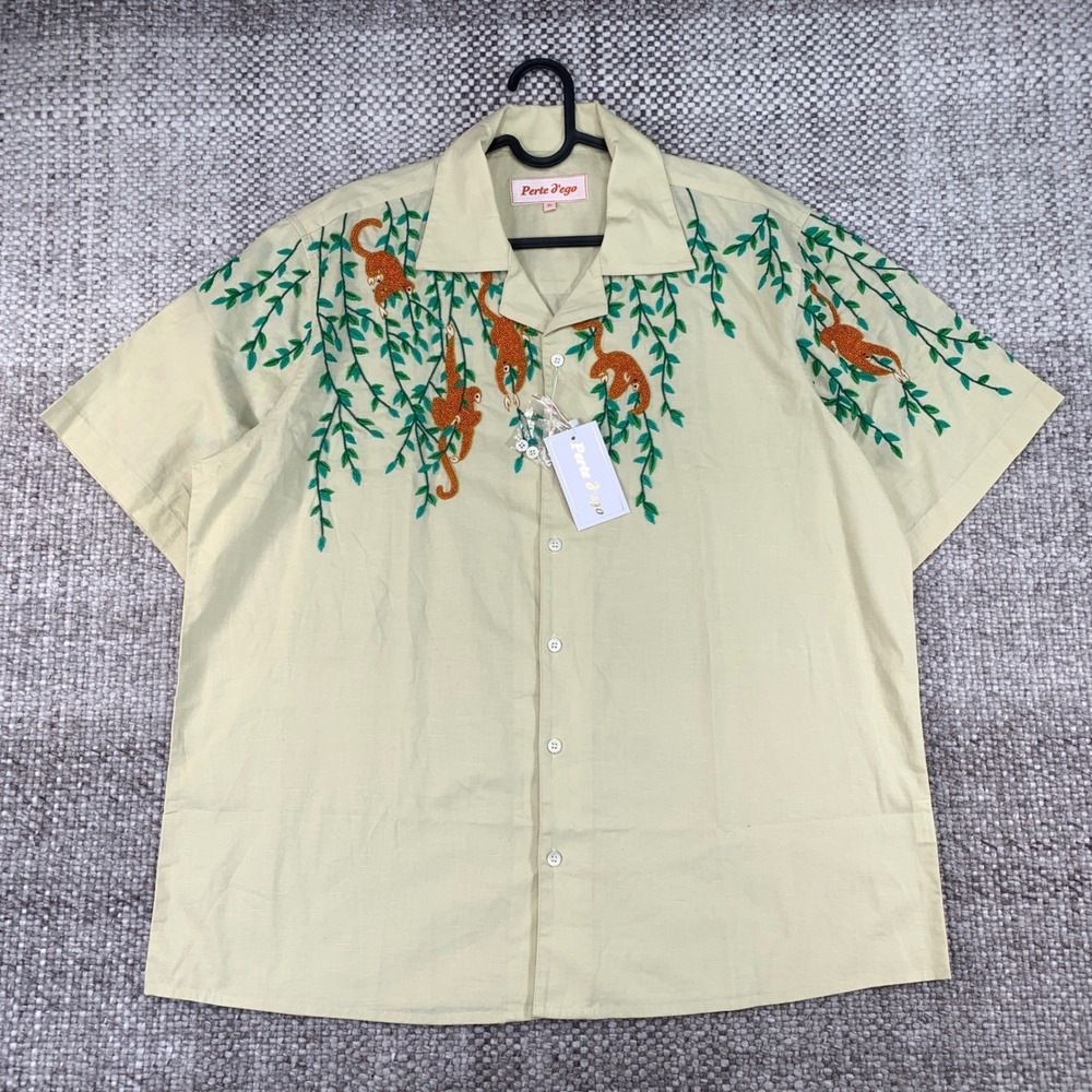 Perte d'ego Button Down Mens XL Cream Beaded Monkey Vine Short Sleeve Shirt